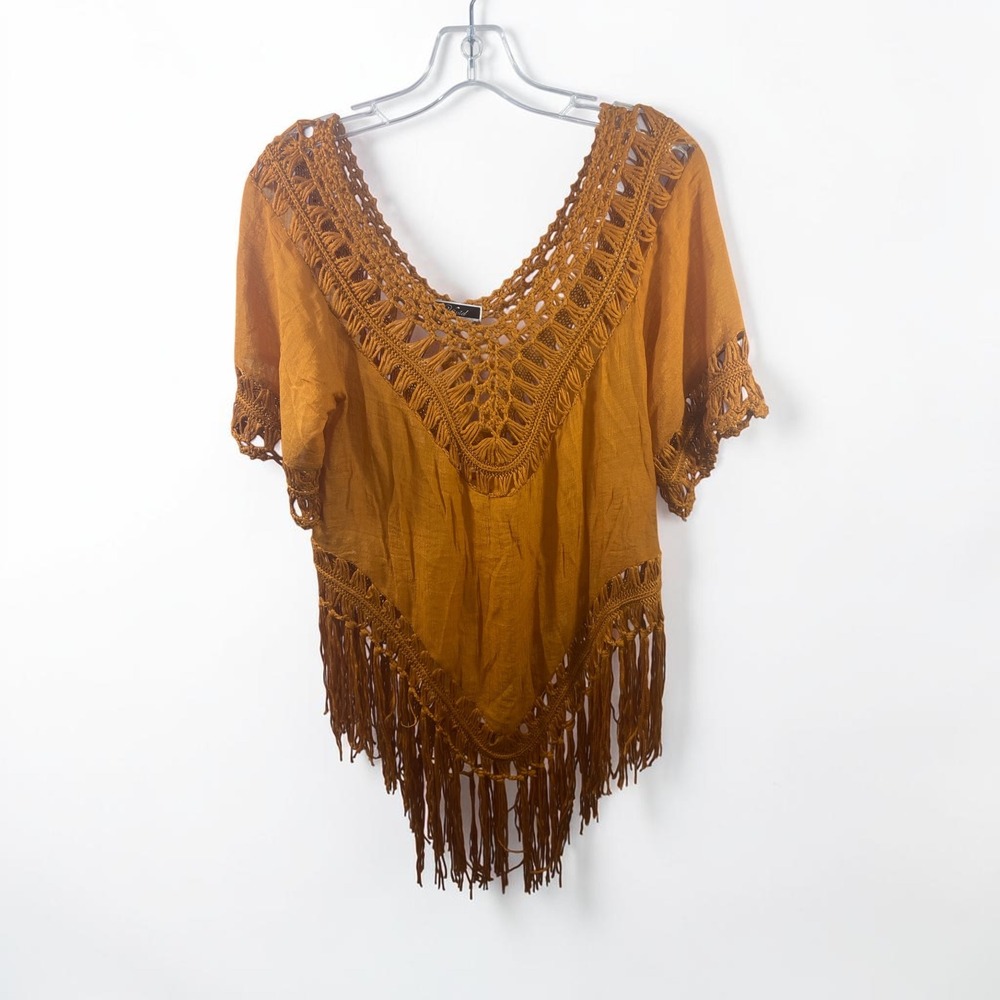 Vivid Mustard Yellow Crochet Fringe Handkerchief Hem Boho Festival Top Medium